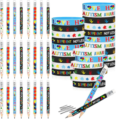 Whaline 24 Pack Autism Awareness Pencils Bracelets Sets Inspirational Silicone Wristbands Short Pencils Colorful Half Pencils Stretchy Bracelets f...