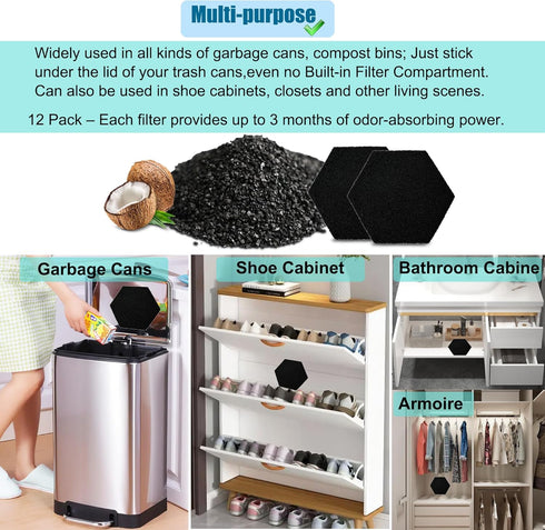 12-Pack Universal Stick-on Trash Can Odor Absorbing Filters, Activated Charcoal Purifying Deodorizer for Trash Cans, Compost Buckets, Countertop a...