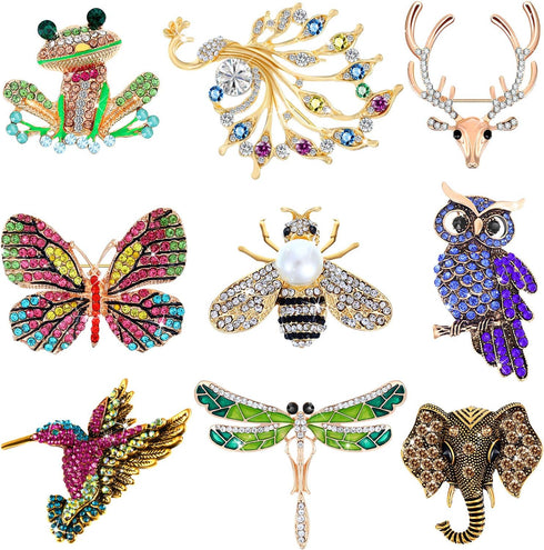 Hicarer 9 Pieces Women Brooches Pins Bulk Set Rhinestone Animal Insect Crystal Pins Butterfly Dragonfly Hummingbird Owl Peacock Brooch Pin for Wom...