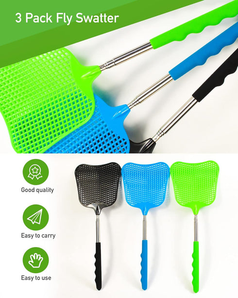 3 pcs Fly Swatter, Fly Swatter Plastic,Telescopic Fly Swatters, Large Bug Swatter That Work for Indoor and Outdoor. (Black Blue Green)...