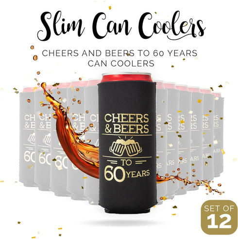 Cheers and Beers to 60 Years Can Coolers, Set of 12 - Black and Gold 60th Birthday Decorations and Party Favors for Men and Women - Cheers to 60 Y...
