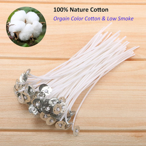 MILIVIXAY 6" Candle Wick Bundle: 100PCS Candle Wicks, 100PCS Candle Wick Stickers and 6PCS Wooden Candle Wick Holders - Wicks Coated with Paraffin...