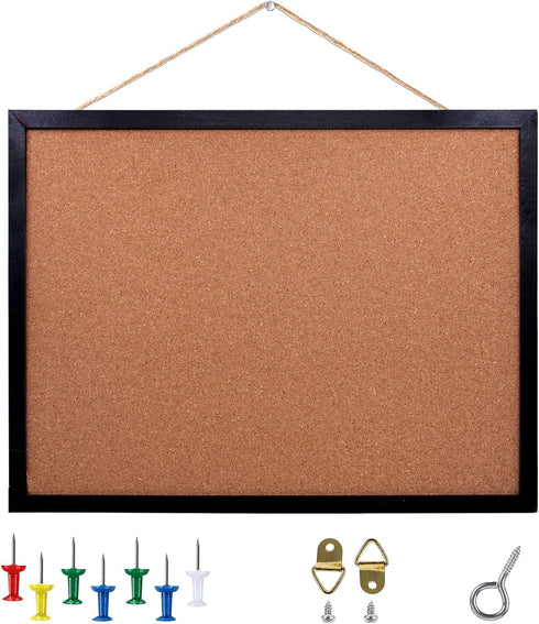Black Cork Board Bulletin Board, 17.7"X 13.3" pin Boards for Walls, Oak Wood Finish Frame, Wall Mounted Cork Board for Office Home and School(Pins...