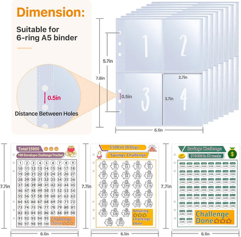 100 Envelope Money Saving Challenge Binder Replacement, 25 Sheets A5 Binder Inserts and 3 Trackers, Pre-labeled 1-100, Cash Stuffing Envelopes,Sav...