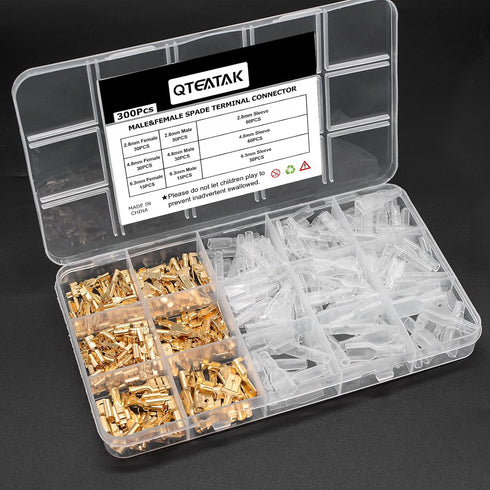QTEATAK 2.8,4.8,6.3mm Golden Quick Splice Male and Female Wire Spade Crimp Terminal Connectors Assortment Kit with Insulating Sleeve(300Pcs)...