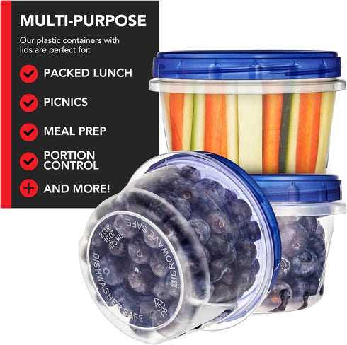 Stock Your Home 16oz Plastic Containers with Twist Top Lids (10 Pack), 2 Cup Freezer Containers with Lids for Leftover Food, Airtight Reusable Sou...