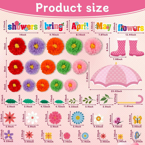 ojustbeok April Showers Bring May Flowers Bulletin Board Decorations Spring Cutouts with 3D Tissue Paper Pompoms Spring Bulletin Board Spring Flow...