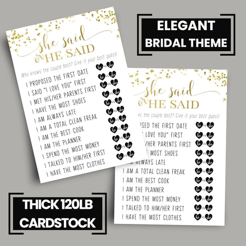 Black and Gold Bridal Shower Games - 25 Cards - He Said She Said Bridal Shower Game, What Did the Bride and Groom Say Guess Who Wedding Activity -...