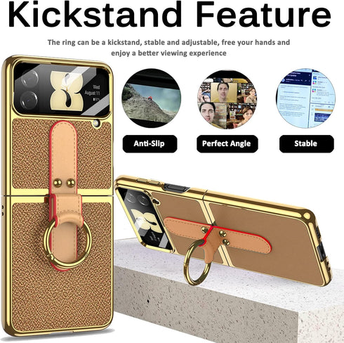 Miimall for Samsung Galaxy Z Flip 4 Case with Strap Ring Holder, Luxury Leather with Electroplating Frame Cover Built-in Camera Lens Film Lanyard ...