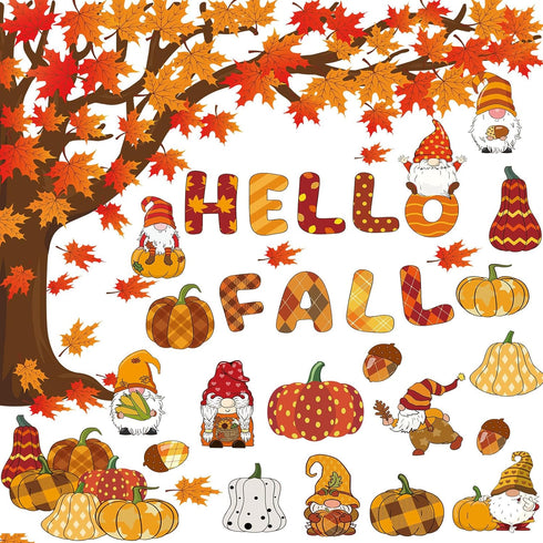 114 Pcs Fall Bulletin Board Decorations Set Thanksgiving Autumn Cutouts Classroom Tree Decor Happy Fall Pumpkin Gnome Paper Cutting with 200 Glue ...