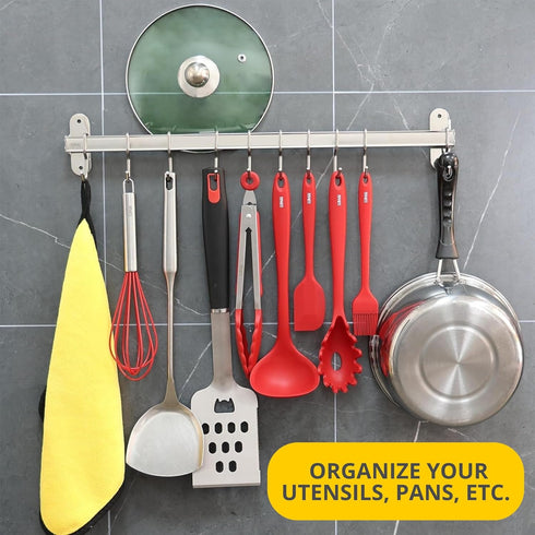Kitchen Rail with Hooks (10 hooks): Utensil Rack, Kitchen Utensil Hanger, Pot and Pan Hanging Rack, Pot Hangers for Kitchen, Pot Rack Wall Mounted...