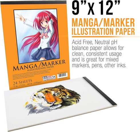 U.S. Art Supply 9" x 12" Premium Manga-Marker Paper Pad, 60 Pound (100gsm), Pad of 24-Sheets (Pack of 2 Pads)...