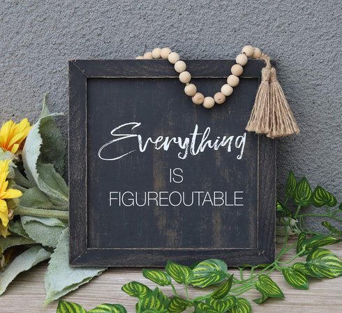 Parisloft Everything Is Figureoutable Framed Wall Sign With Bead String Hanger, Rustic Farmhouse Wood Hanging Decor, Black...