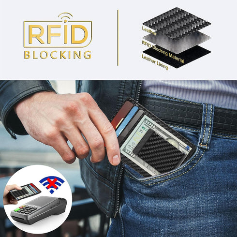 Travelambo Money Clip for Men Carbon Fiber Clip Wallet Leather Slim Minimalist Card Holder RFID Blocking (Weaved Black)...