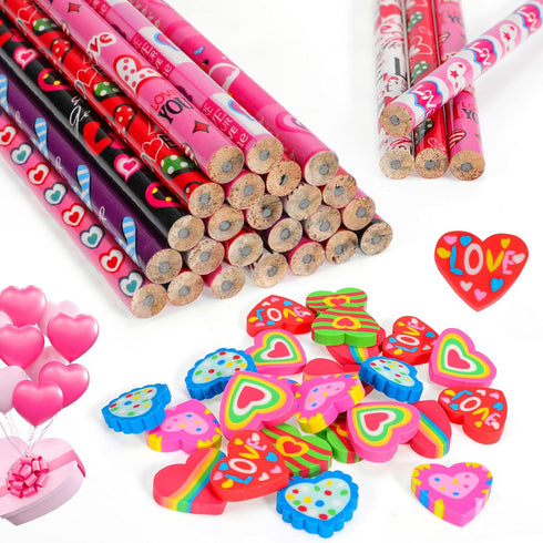 YVAINE 48 Pieces Valentine Pencils for Kids,Valentine's Day Pencils Assortment with Eraser 24 Wooden Pencils 24 Valentines Heart Eraser for Home S...
