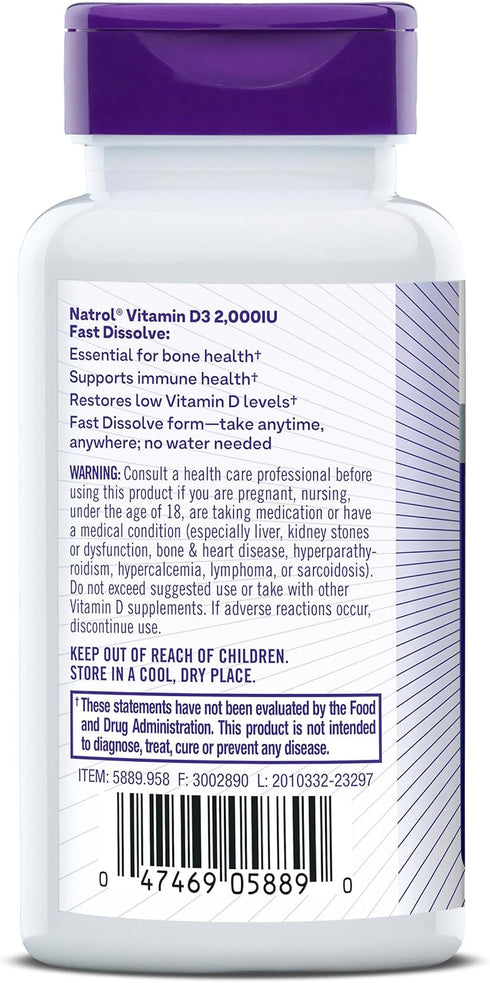 Natrol Fast Dissolve Vitamin D3 2,000 IU, Dietary Supplement for Bone and Joint Health, Bone Support Supplement, 90 Tablets, 90 Day Supply...