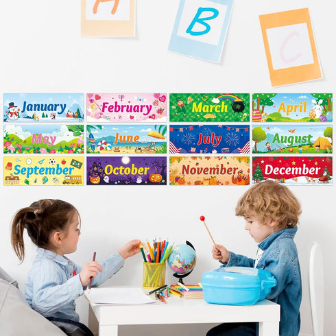 48 Pcs Holiday Monthly Headliners Set 12 Months of The Year Headers Monthly Bulletin Board Seasonal Monthly Headers with 36 Colorful Round Blank C...