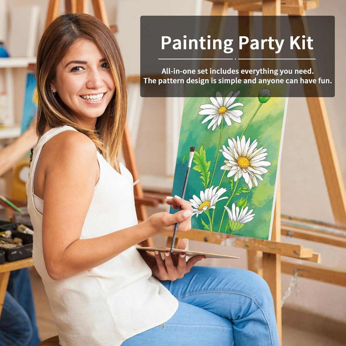 VOCHIC Paint and Sip Kit, Daisy Pre Drawn Canvas Painting Kit for ...