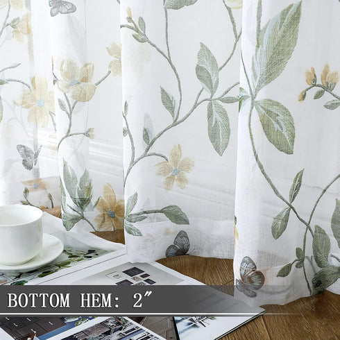 Tollpiz Short Sheer Floral Tier Curtains Yellow Flower Butterfly Printed Half Window Curtain Rod Pocket Kitchen Voile Faux Linen Curtains for Bath...