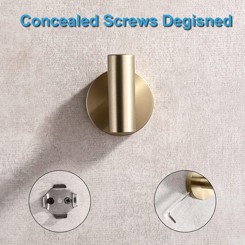 Brushed Gold Bathroom Towel Coat Hook Stainless Steel, 2 Pack Robe Clothes Cabinet Closet Sponges Hooks Holder Round Style Heavy Duty Wall Hook fo...