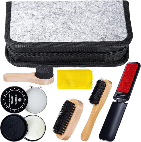 YUET Shoe Shine Cleaning Care Barrel Kit Set For Brown Black Leather With Polish Brush Travel Case Luxury Premium Soft Horsehair Bristle Dauber, W...