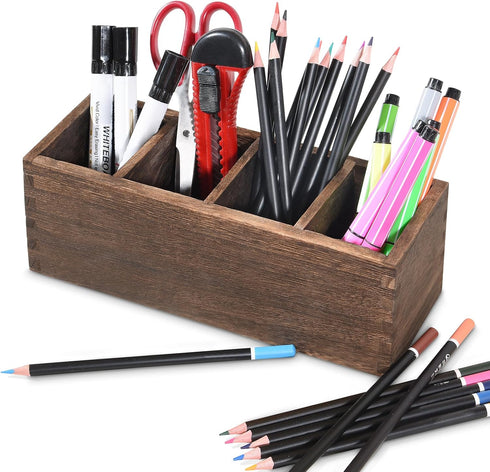 Wood Pencil Holder for Desk, Wooden Pen Pencil Organizer with 4 Compartment, Multi-Functional Desk Organizer for Pen Pencil Office Supplies Remote...
