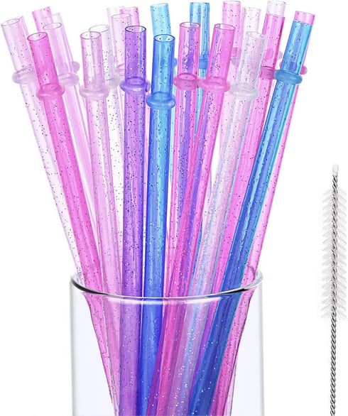 Hestya 25 Pcs Glitter Reusable Plastic Straws 9 Inches Long Hard Plastic Straws with Brush 6 Colors Translucent Replacement Drinking for 16oz-30 o...