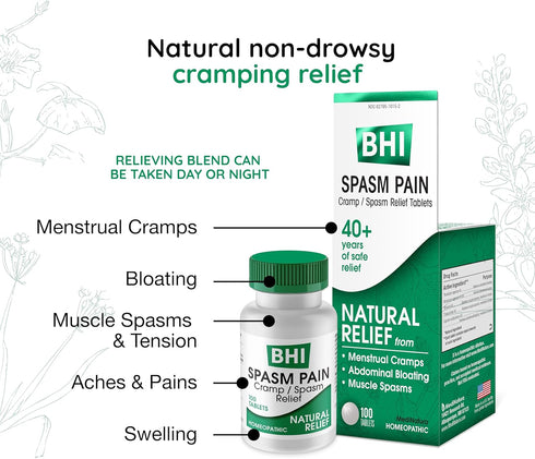 BHI Spasm Natural Relaxer Relief for Menstrual Cramps, Bloating, Aches & Muscle Spasms 5 Active Homeopathic Ingredients Naturally Soothe Whole Bod...