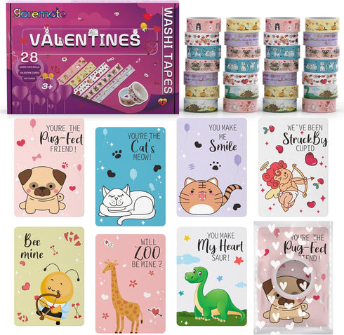 Valentines Cards for Kids Classroom,28 Pack Valentines Day Cards for Kids with Cute Animal Washi Tape , DIY Crafts Washi Tape Kit for Gift Wrappin...