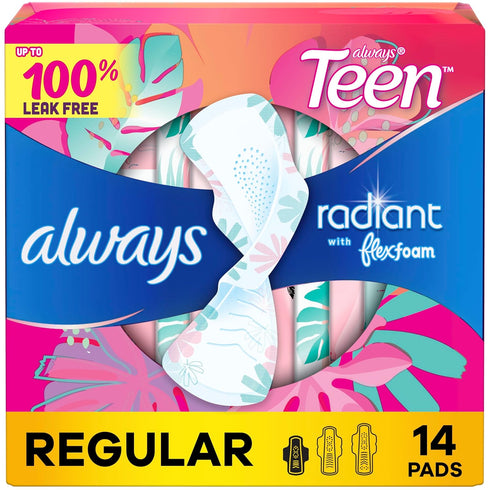 Always Radiant Teen Pads, Size 1, Regular, with Wings, Unscented, 14 Count...