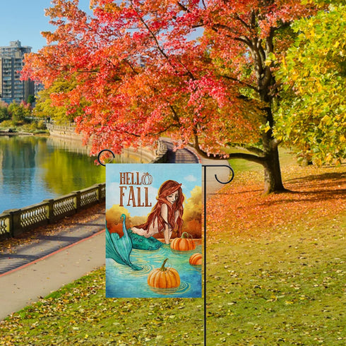 Hello Fall Lake Mermaid Home Decorative Garden Flag, Autumn Lakehouse Pumpkin Yard Lawn Outside Decor, Seasonal Outdoor Small Burlap Decoration Do...