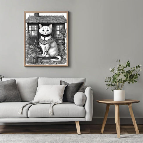 Posterizer 1 pcs- gothic themed house with white cat-Gothic Art-Art for Animal Lovers- Living Room Bedroom Decor- unframed wall art...