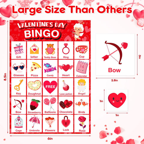 Valentines Day Large Size Bingo Game Card for Kids/Adults, 24 Players - Valentine Game for Family/School Classroom/Large Group, Valentine Party Fa...