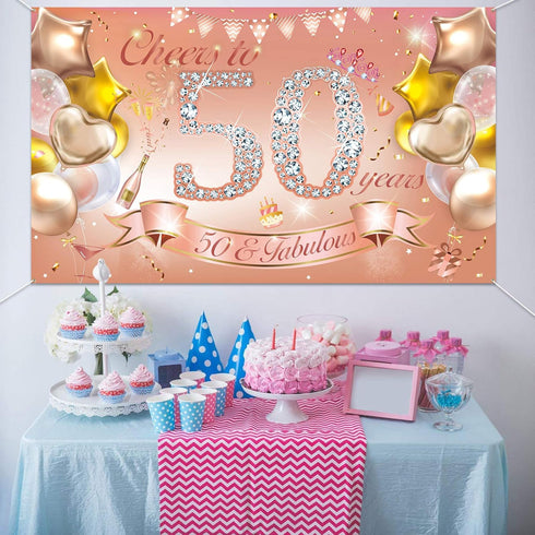 HOWAF Woman 50th Birthday Party Decoration Rose Gold Fabric Banner, 50th Birthday Photo Backdrop, Wall Garden Table Decoration Supplies...