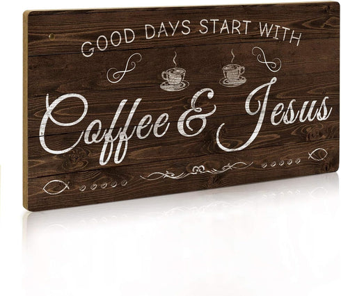 Putuo Decor Coffee Sign, Kitchen Coffee Bar Decor, 12 x 6 Hanging Plaque, Gifts for Coffee Lover (Good Days Start with Coffee & Jesus)...