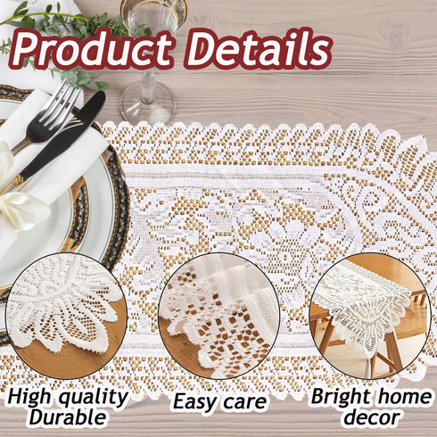 Tinsow 2 Pack Cotton Crochet Lace Rectangular Table Runner Dresser Scarf Doilies (White Style, 13" X 44")...