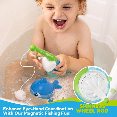 JOYIN Baby Bath Toy Set - Magnetic Fishing Toy with Fishing Rod, Soft Puffer & Clown Fish, Spinning Octopus and Starfish, Wind-up Shark and Turtle...