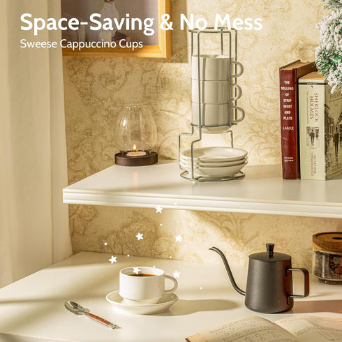 Sweese 8 Ounce Porcelain Stackable Cappuccino Cups with Saucers and Metal Stand - for Specialty Coffee Drinks, Cappuccino, Latte, Americano and Te...