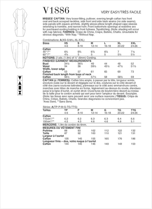 Vogue Misses' Pullover Caftan Sewing Pattern Kit, Design Code V1886, Sizes XS-S-M-L-XL-XXL, Multicolor...