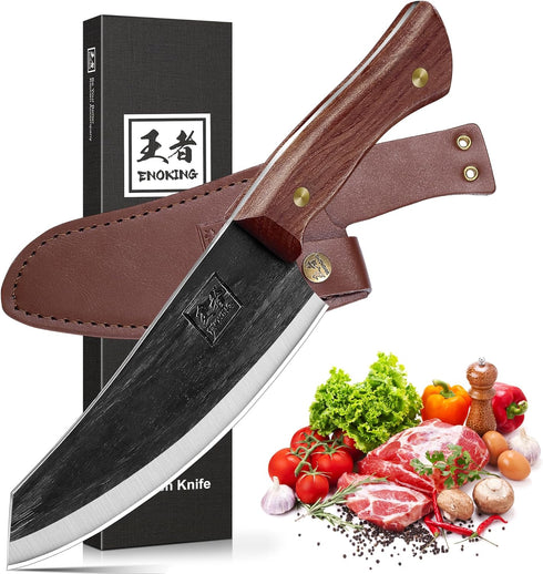 ENOKING Nakiri Knife, 6.6 Inch Meat Cleaver Vegetable Kitchen Knife Hand Forged Japanese Chef Knife High Carbon Steel Chopping Knife with Leather ...
