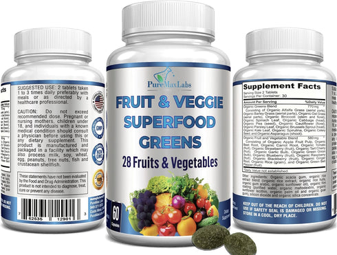 Fruit and Veggie Superfood Greens - 28 Fruits and Vegetables incl. Alfalfa, Barley Grass, Spirulina, Beet Root, Tart Cherry, Concentrated Natural ...