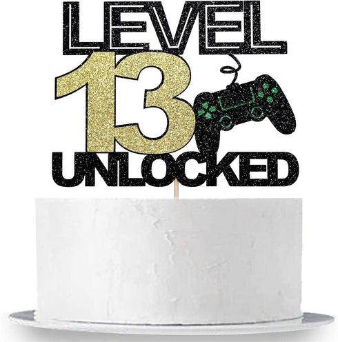 level 13 unlocked cake topper official teenager 13th birthday cake decoration, video game controller theme happy birthday party decoration, black ...