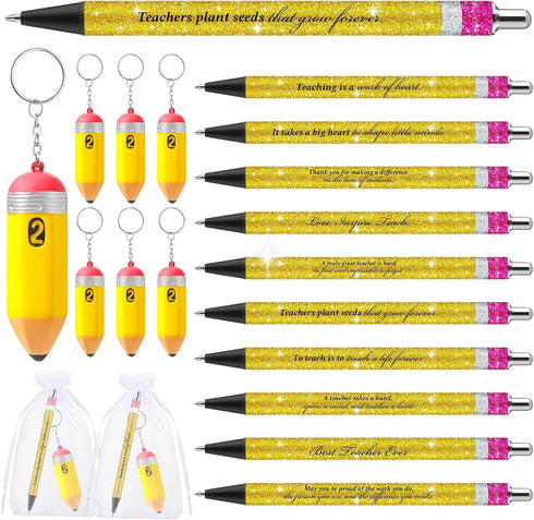 10 Set Teacher Appreciation Gifts Bulk 10 Teacher Ballpoint Pens 10 Pencil Shaped Stress Balls Teacher Keychains 10 Organza Bags Backe to School G...
