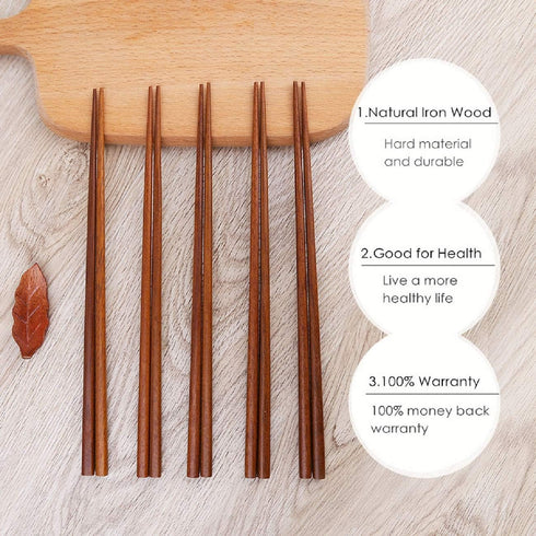 Wooden Chopsticks Reusable Dishwasher Safe 10 Pairs Chinese Asian Korea Iron Wood Handmade Chopstick Natural Healthy for Cooking Eating Restaurant...