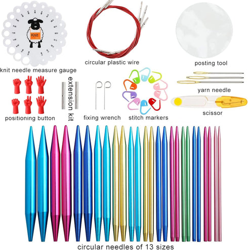 LOOEN 57pcs Aluminum Circular Knitting Needles Set with Ergonomic Handles,13 Size Interchangeable Crochet Needles with Storage Case for Small Proj...