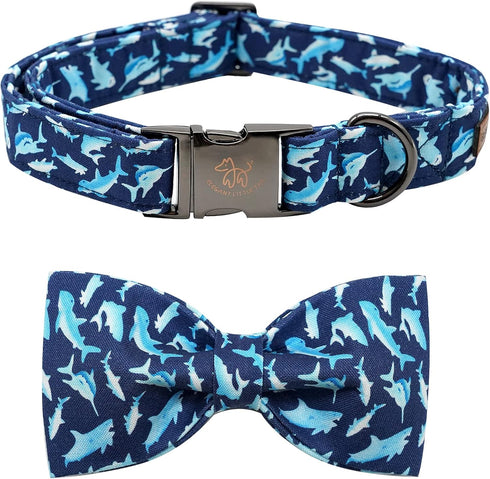 Elegant little tail Dog Collar with Bow, Shark Print Adjustable Dog Collar Cute Bowtie Dog Collar Boy Pet Collar for X-Small Puppy and Cat...