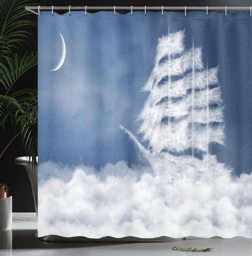 Ambesonne Nautical Shower Curtain, Yacht in The Ocean Madend Shaped with Fluffy Cloudstmospheric Imaginary Sky, Cloth Fabric Bathroom Decor Set wi...
