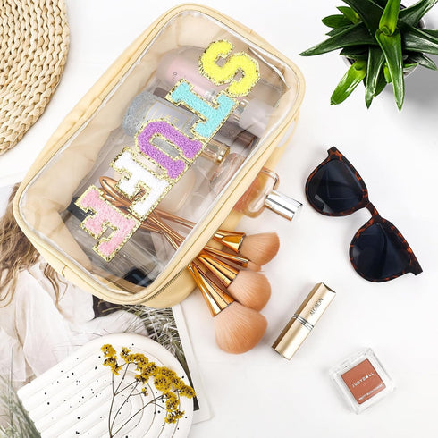 Chenille Letter Clear Makeup Bag Large Nylon Preppy Patch Stuff Cosmetic Bag with Zipper Travel Makeup Pouch Transparent PVC Waterproof Toiletry O...