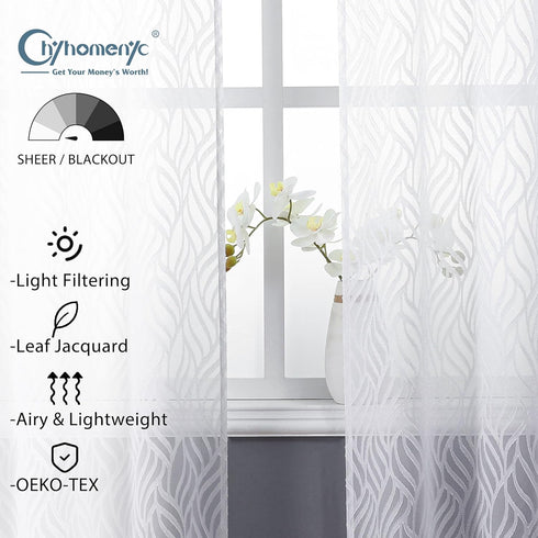 Marilyn 2PCS White Sheer Valances for Windows 14 Inches Long, Light Filtering Soft Clip Jacquard Textured 3D Leaf Curtains for Bathroom Bedroom Ba...