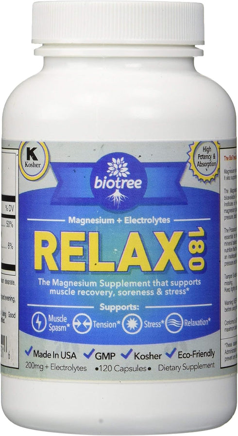 BioTree Labs Relax 180 - Pack of 120, Magnesium & Potassium Supplement with Electrolytes | Supports Muscle Pain, Spasms & Tension | 60 Days...